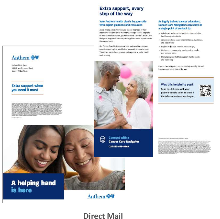 The Cancer Care Navigator direct mail piece, full layout, leading with support and navigation language rather than a diagnosis.