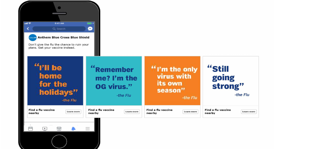 The four flu-personification paid social cards, shown on an iPhone mockup: I'll be home for the holidays, Remember me? I'm the OG virus, I'm the only virus with its own season, Still going strong.
